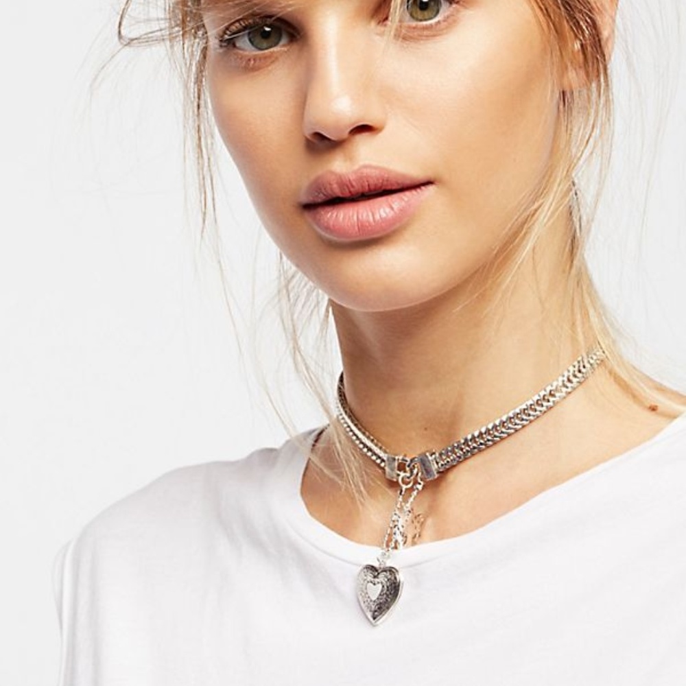 Free People Silver Heart Drop Locket Choker